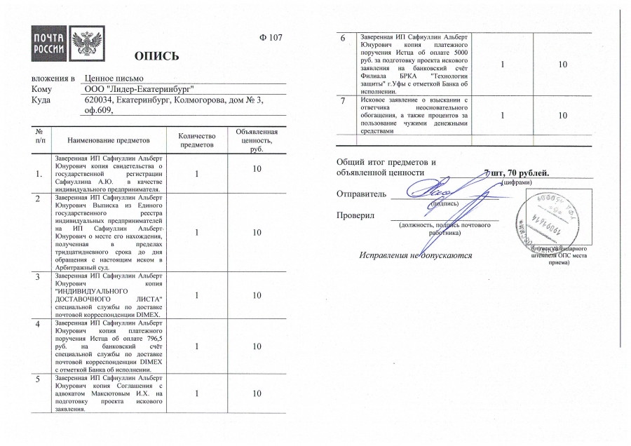 Опись вложения в налоговую образец
